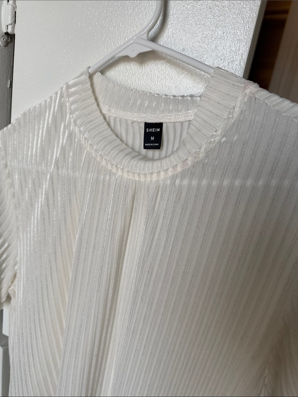 SHEIN Ivory Ribbed Velvet Crewneck Top